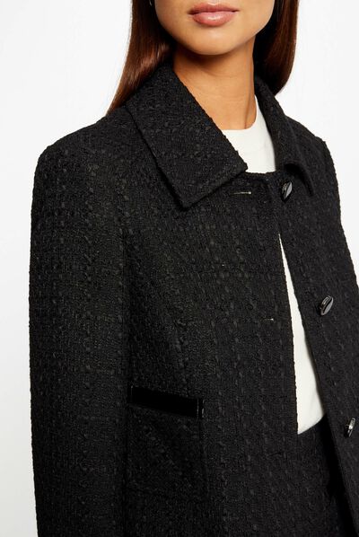 Veste longue droite détails vinyle noir femme