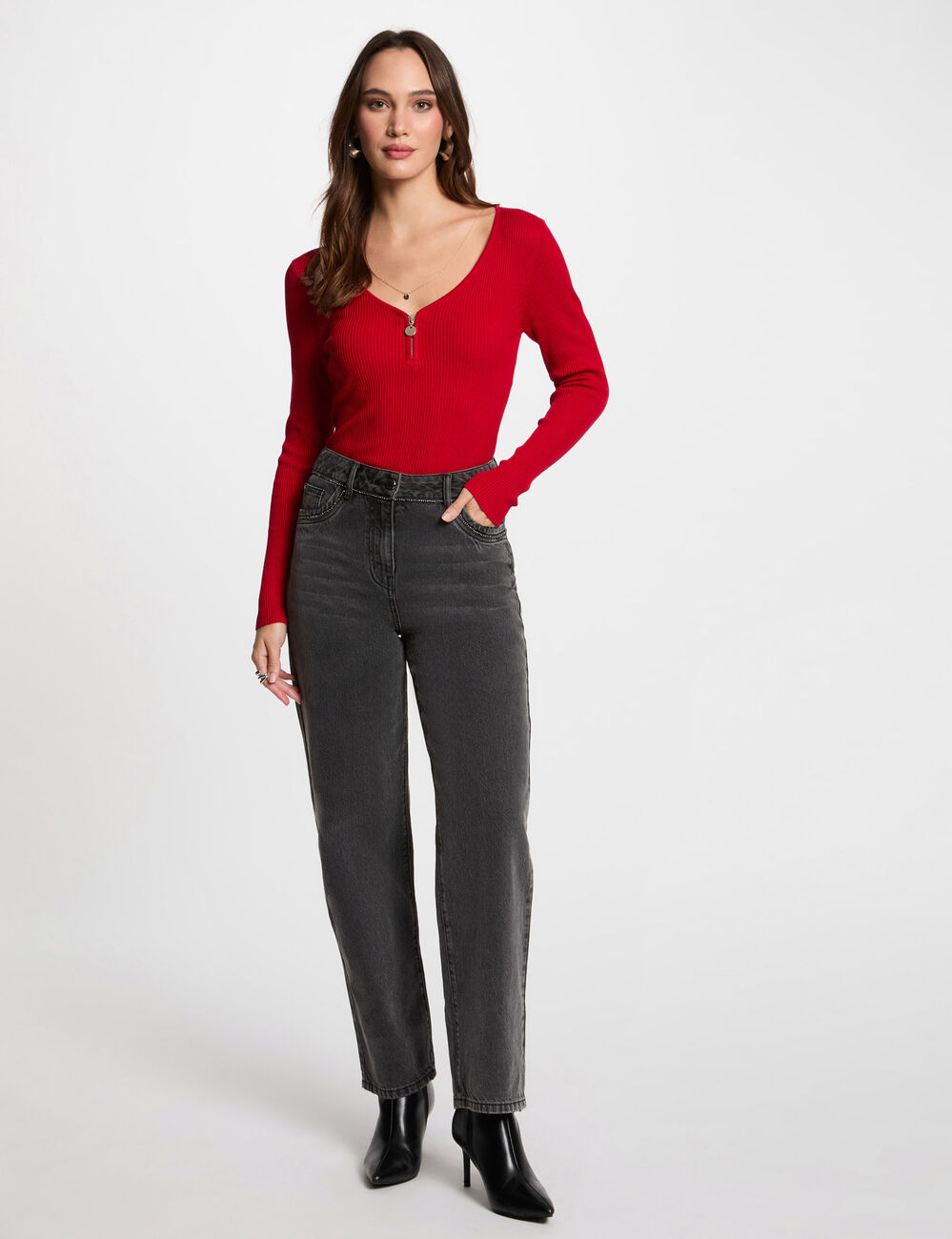Pull manches longues côtelé détail zippé rouge femme
