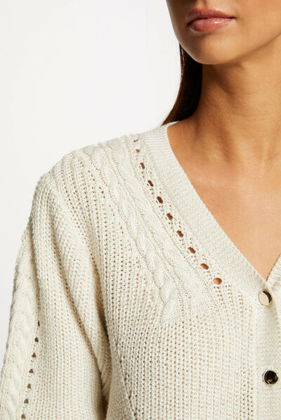 Gilet manches 3/4 avec détails torsades beige femme