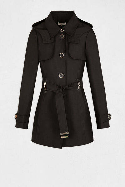 Trench droit ceinturé à capuche noir femme