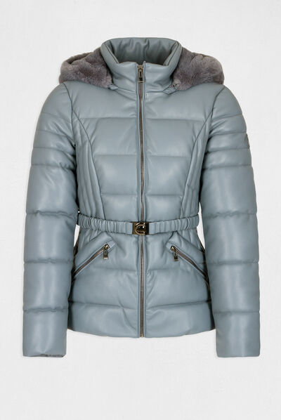 Doudoune droite ceinturée à capuche bleu femme