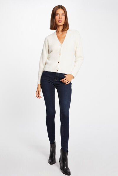 Gilet manches longues avec col en V ivoire femme