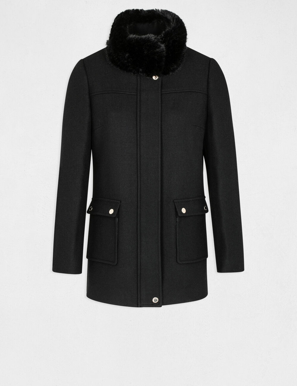 Manteau droit col &agrave; imitation fourrure noir femme