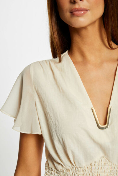 T-shirt manches courtes smocké ecru moyen femme