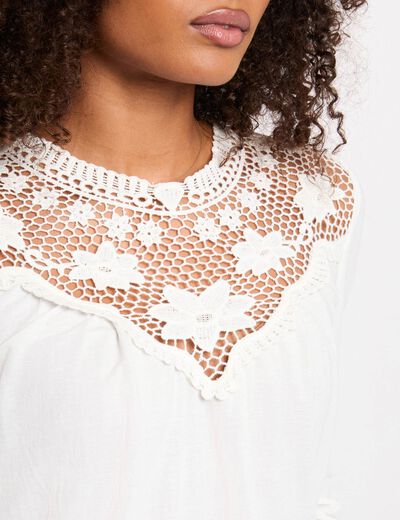 T-shirt dentelle manches longues blanc femme