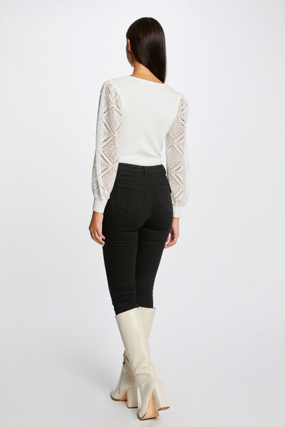 Pull manches longues en dentelle ecru femme
