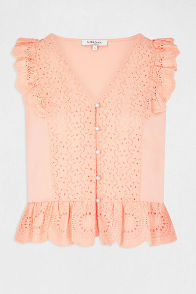 T-shirt manches courtes à volants rose moyen femme