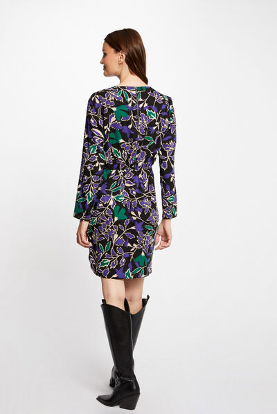 Robe droite col rond imprimé végétal multico femme