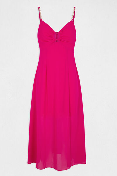 Robe midi évasée bretelles chaînes rose fonce femme