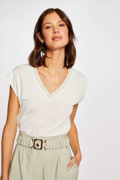 T-shirt manches courtes à col en V ecru femme
