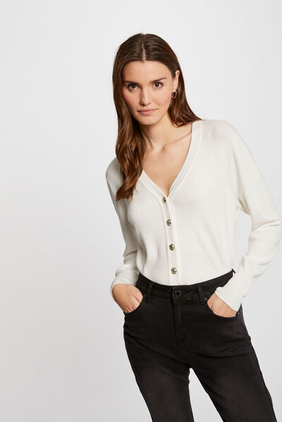 Gilet col en V manches longues ivoire femme