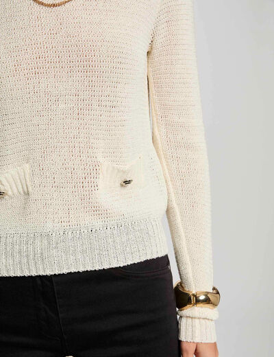 Pull col rond ajouré ivoire femme