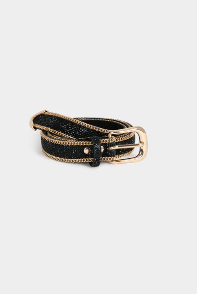 Ceinture avec détails chaînes et strass noir femme