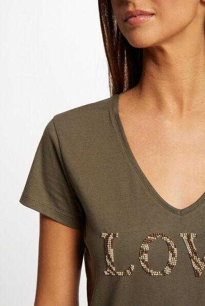 T-shirt à manches courtes vert kaki femme