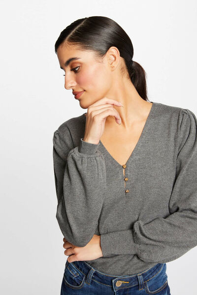 Pull manches longues à col en V gris anthracite femme