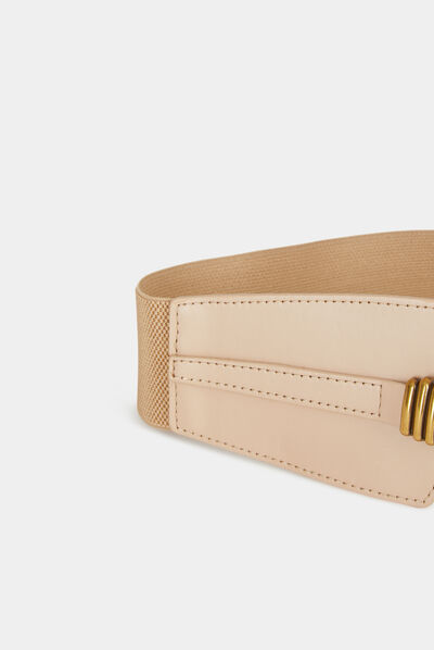 Ceinture élastiquée boucle à anneaux beige femme