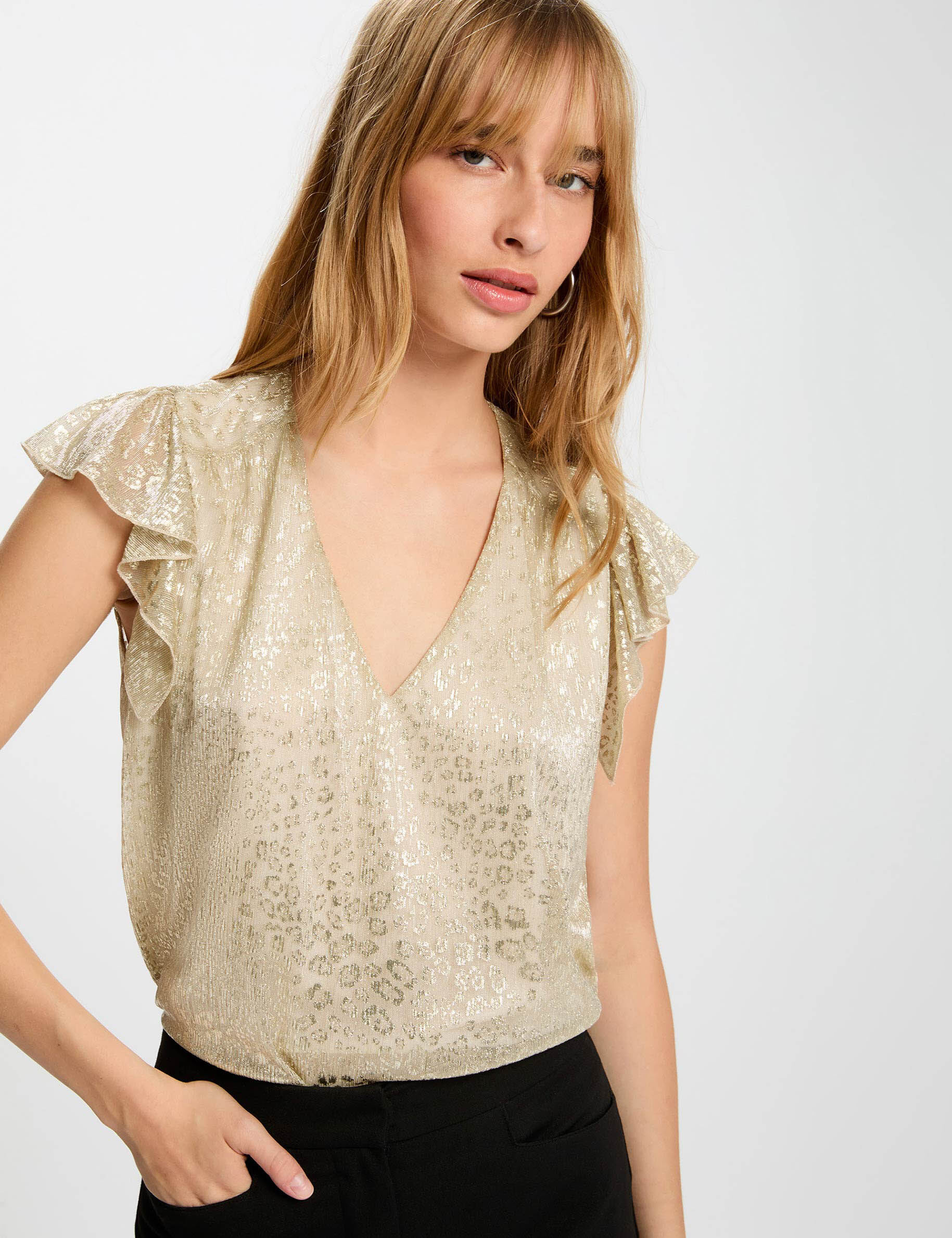 T shirt sans manches col v jaune or femme