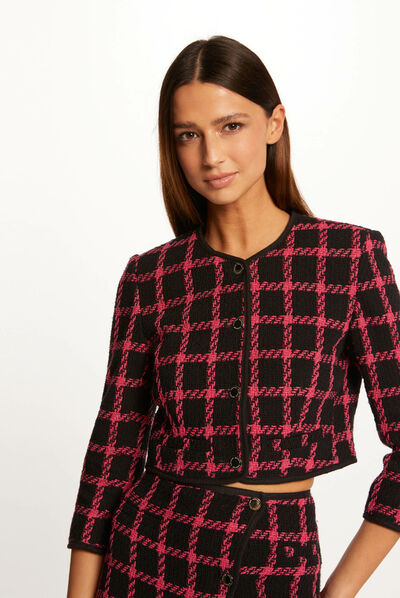 Veste droite col rond à carreaux noir femme