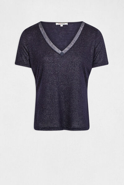 T-shirt manches courtes à paillettes marine femme