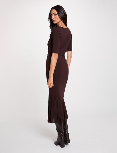 Robe tricot ceintur&eacute;e marron fonc&eacute; femme