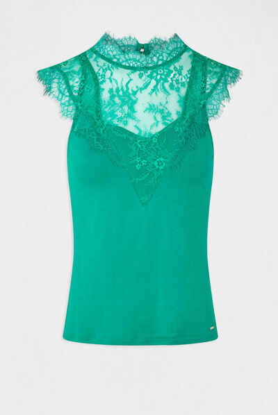 T-shirt manches courtes à dentelle vert femme