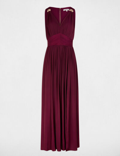 Robe longue col v prune femme