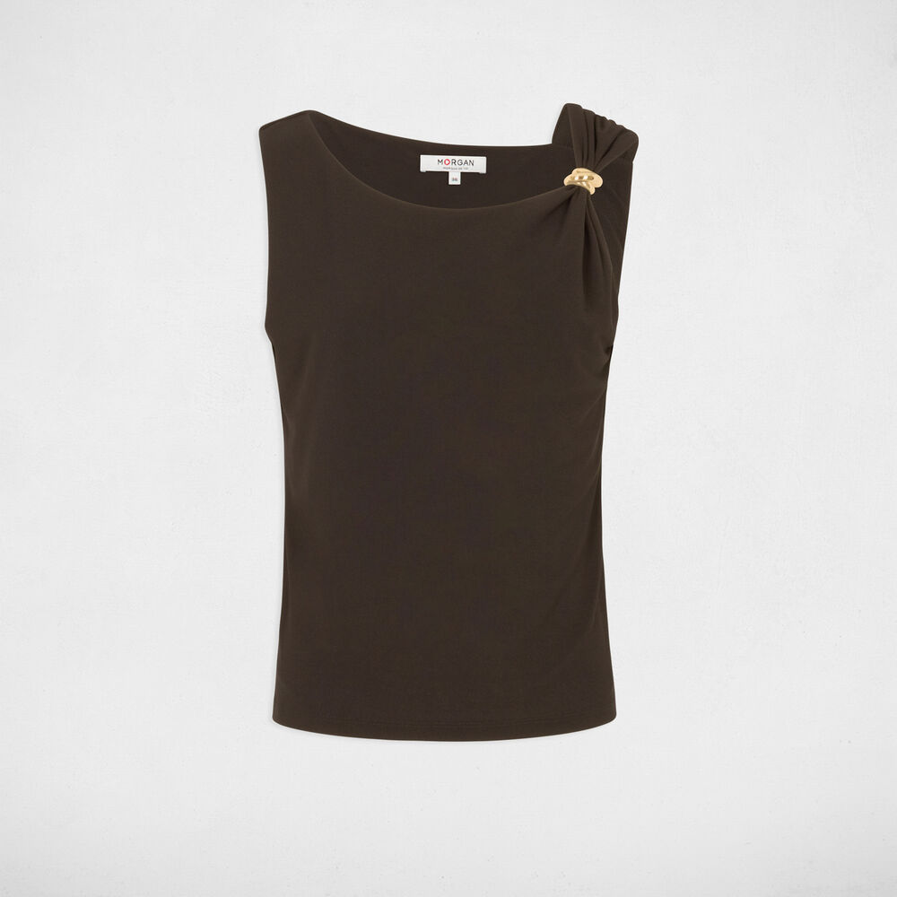 T-shirt asym&eacute;trique avec bijou marron fonc&eacute; femme
