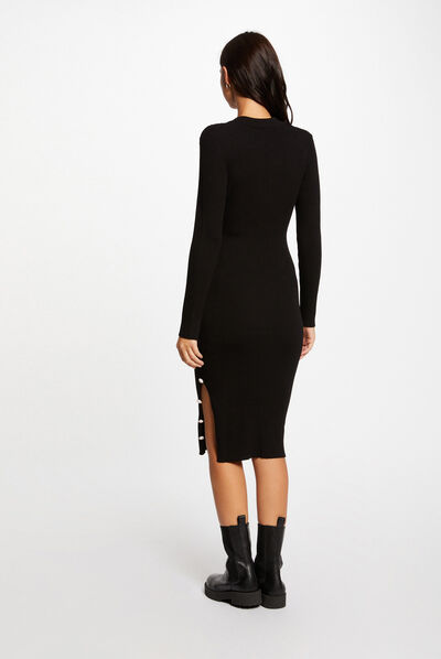 Robe pull ajustée fendue avec boutons noir femme