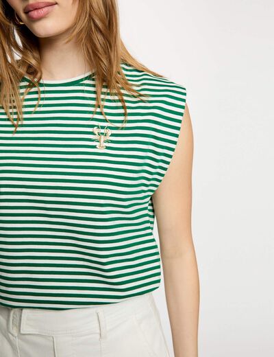 T-shirt ray&eacute; brod&eacute; vert prairie femme