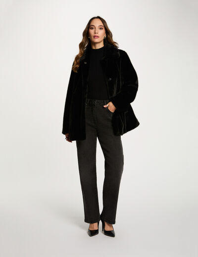 Manteau droit fausse fourrure noir femme