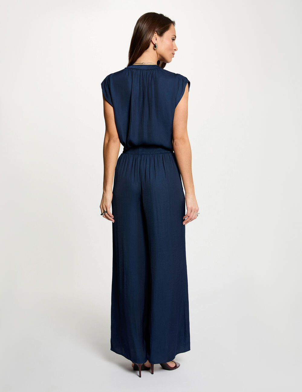 Blouse manches courtes satin bleu marine femme
