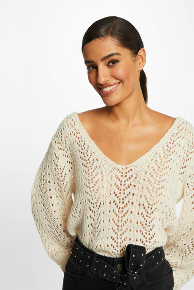 Pull manches longues à détails ajourés ivoire femme