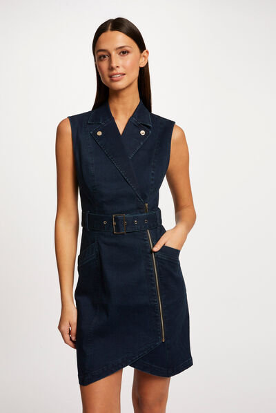 Robe ajustée drapée sans manches en jean jean brut femme