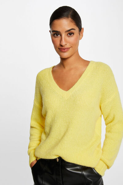 Pull manches longues à col en V jaune moyen femme