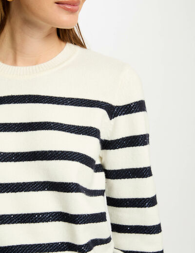 Pull col rond à rayures ecru femme