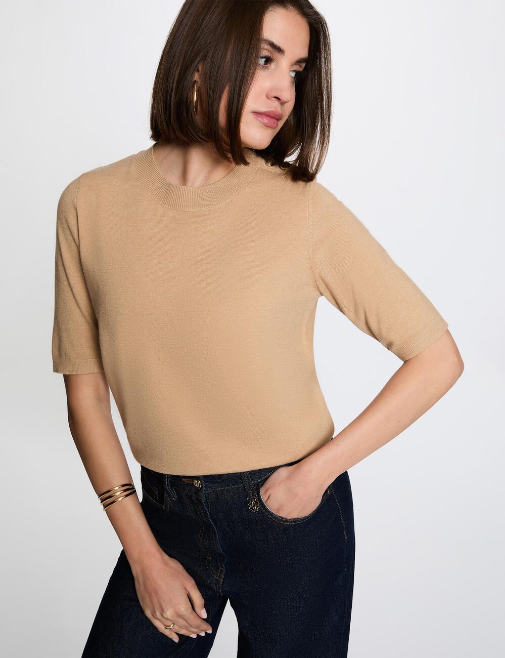 Pull col rond manches courtes beige femme