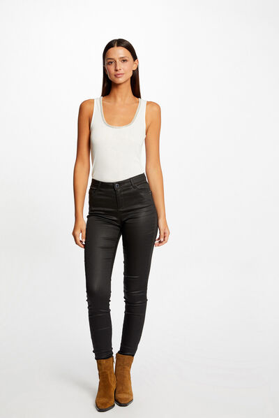 Pantalon skinny enduit à détails bijoux noir femme