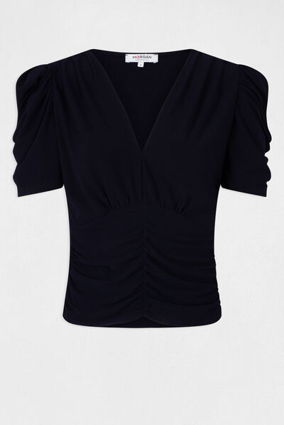 T-shirt manches courtes froncé marine femme