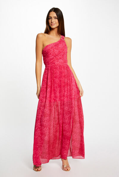 Robe longue évasée imprimé léopard rose femme