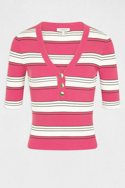 Pull manches courtes à rayures fuchsia femme