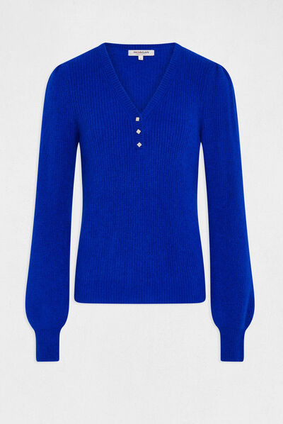 Pull manches longues col en V bleu electrique femme