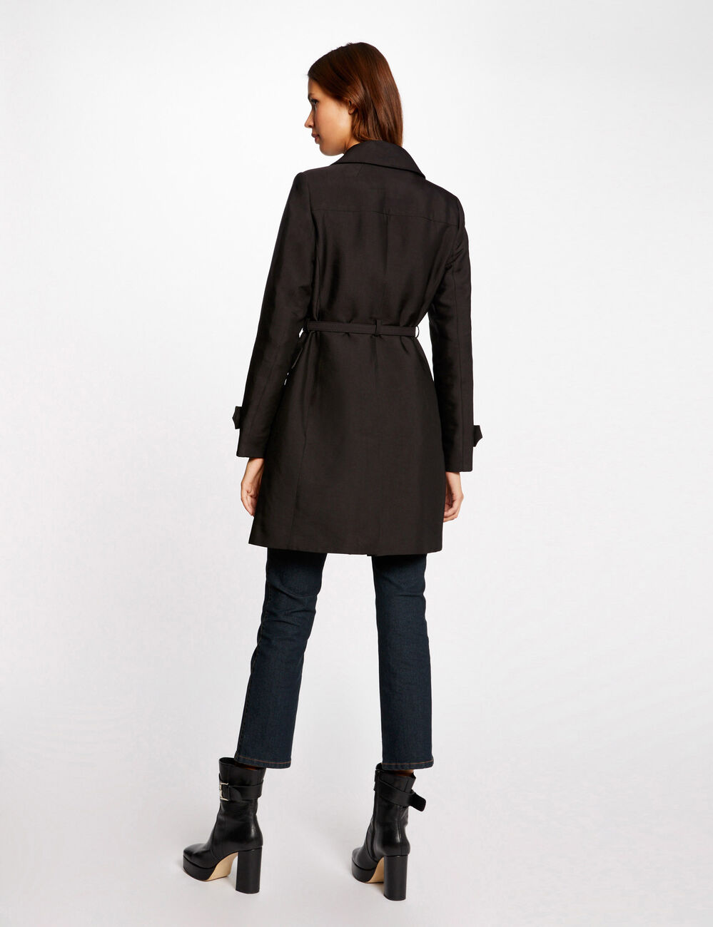 Trench droit boutonné et ceinturé noir femme