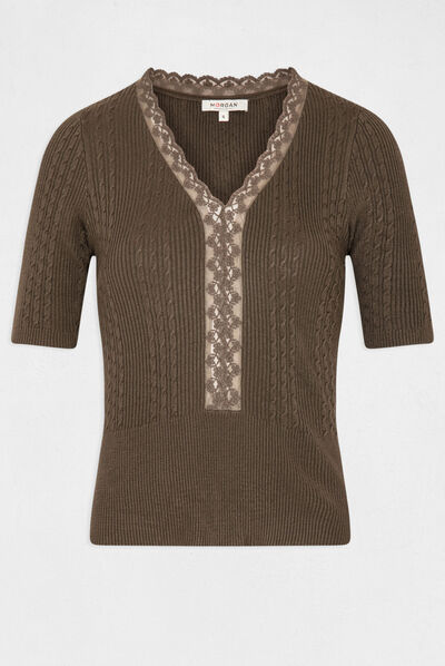 Pull manches courtes avec col en V vert kaki femme