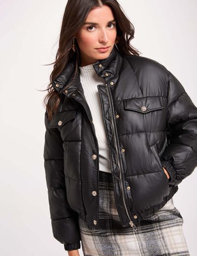 Doudoune similicuir col montant noir femme