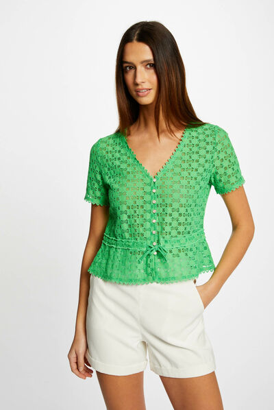T-shirt manches courtes en dentelle vert femme