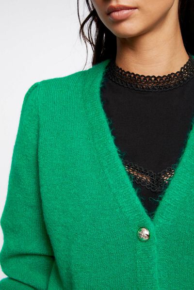 Gilet manches longues col en V vert moyen femme