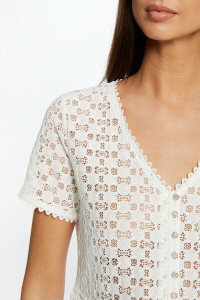 T-shirt manches courtes en dentelle ecru femme