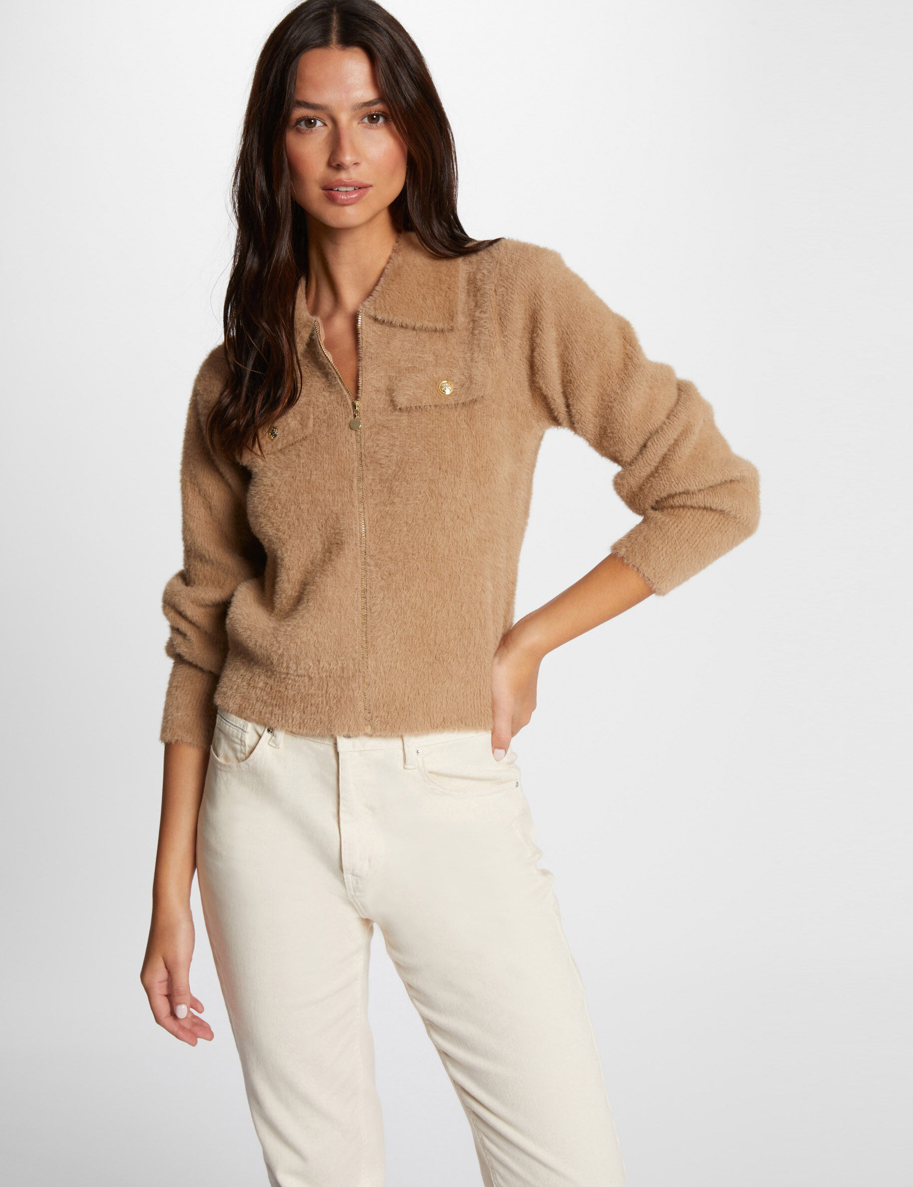 Gilet manches longues col à revers camel femme - vue 5