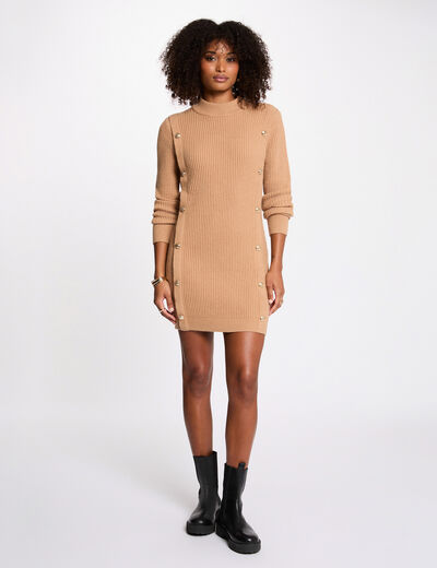 Robe tricot courte col rond beige femme