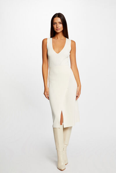 Robe pull midi ajustée col en V ivoire femme